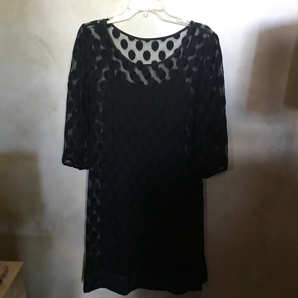 Enfocus spaghetti strap dress w polka dot overlay